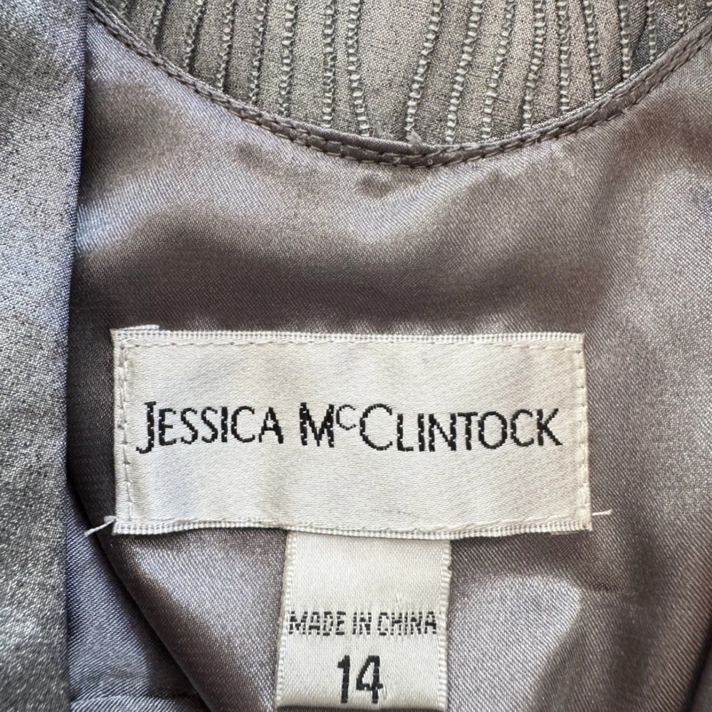 Jessica McClintock Silver Metallic Ruched V-Neck Mini Dress 14 Lace Back Prom - Picture 6 of 9